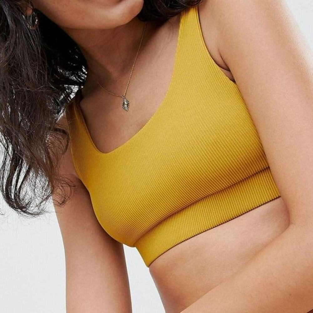 KULANI KINIS Bikini Top Medium NWT Crop Ribbed Mustard Swim Beach Rib Resort